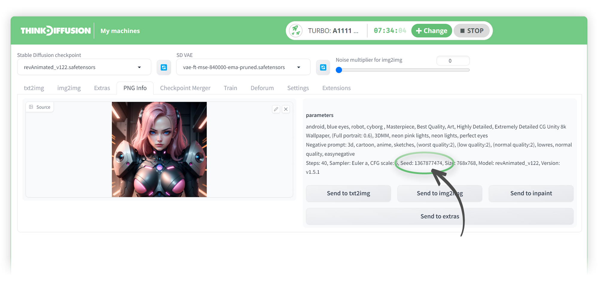 The UX of Stable Diffusion on Think Diffusion showing the use PNG info tab to find the seed value of a generated image