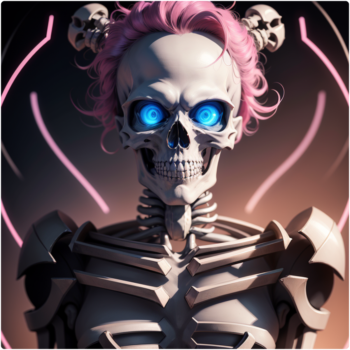 Generated image #2 from Txt2img on Think Diffusion, showing a girl that's turned into a skeleton surrounded by neon lights
