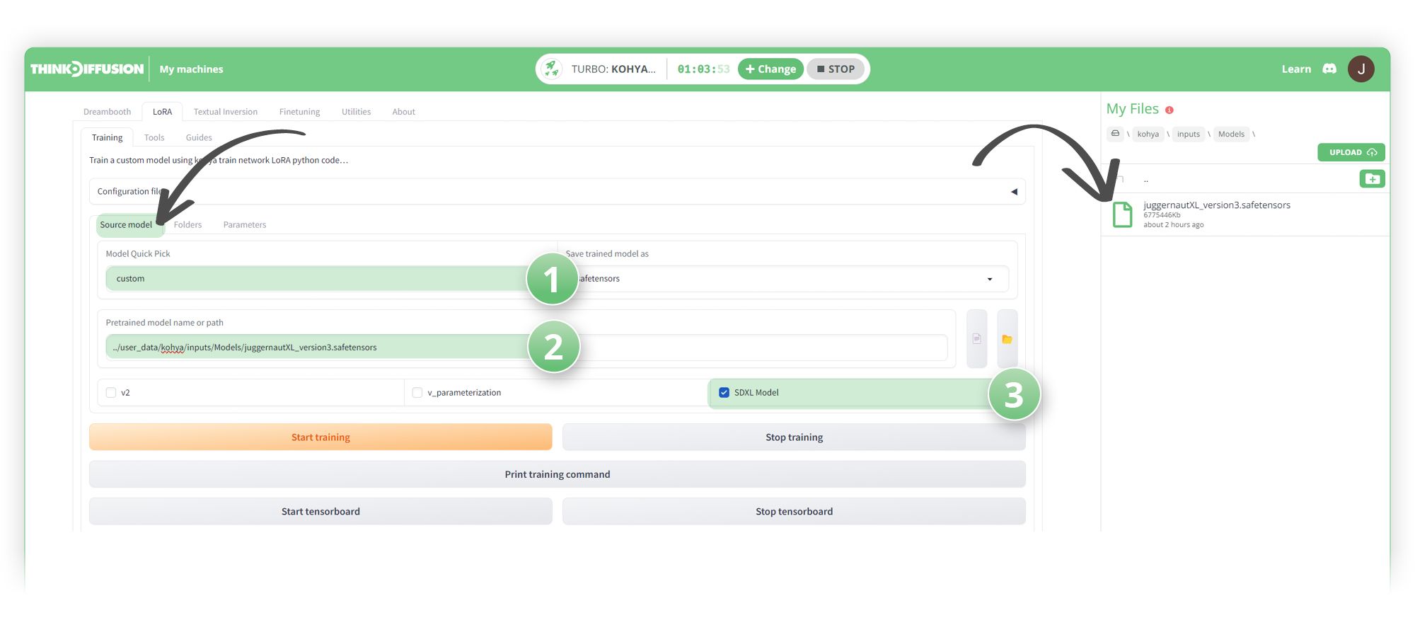 A screenshot of the Think Diffusion interface the source model tab onto which the LoRA will enhance