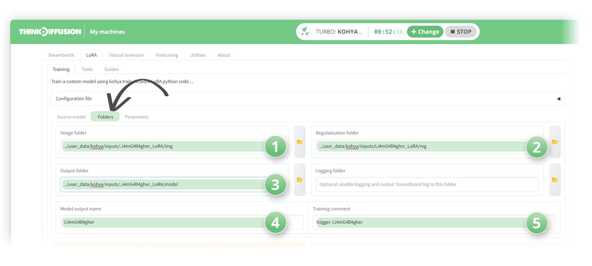 A screenshot of the Think Diffusion interface with the various paths for Kohya to pull from and output into