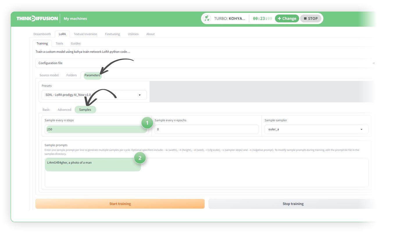 A screenshot of the Think Diffusion interface showing the Parameters > samples tab where the final LoRA settings are configured