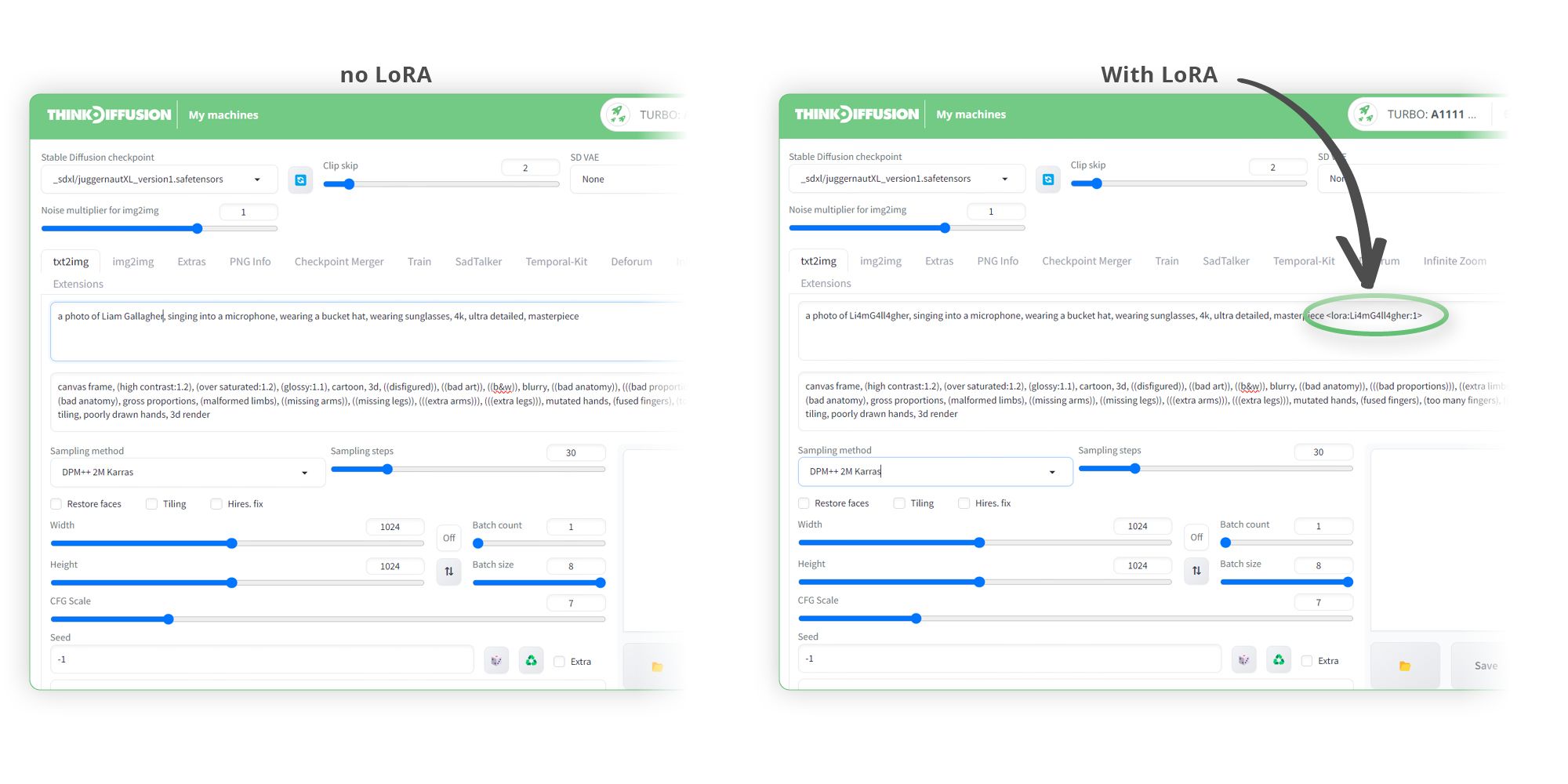 Two screenshots of the Think Diffusion interface showing our prompt without and with the LoRA trigger word