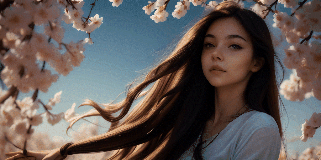 An animation of a woman with long hair under cherry blossom trees made with AnimateDiff in ThinkDiffusion