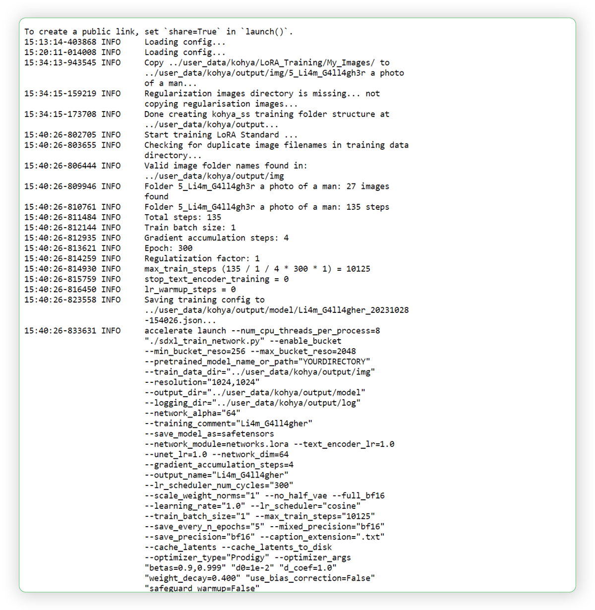 A super simple guide to LoRA training on Kohya with Stable Diffusion on Think Diffusion, showing the text file for progress