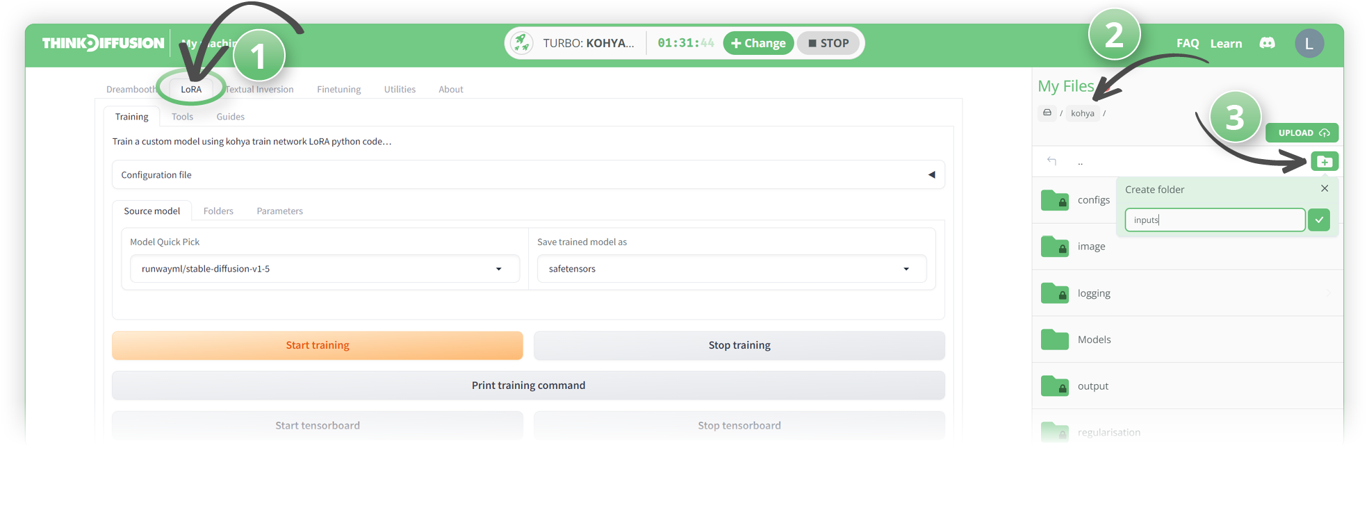 A super simple guide to LoRA training on Kohya with Stable Diffusion on Think Diffusion, showing the interface loading up pre-defined settings