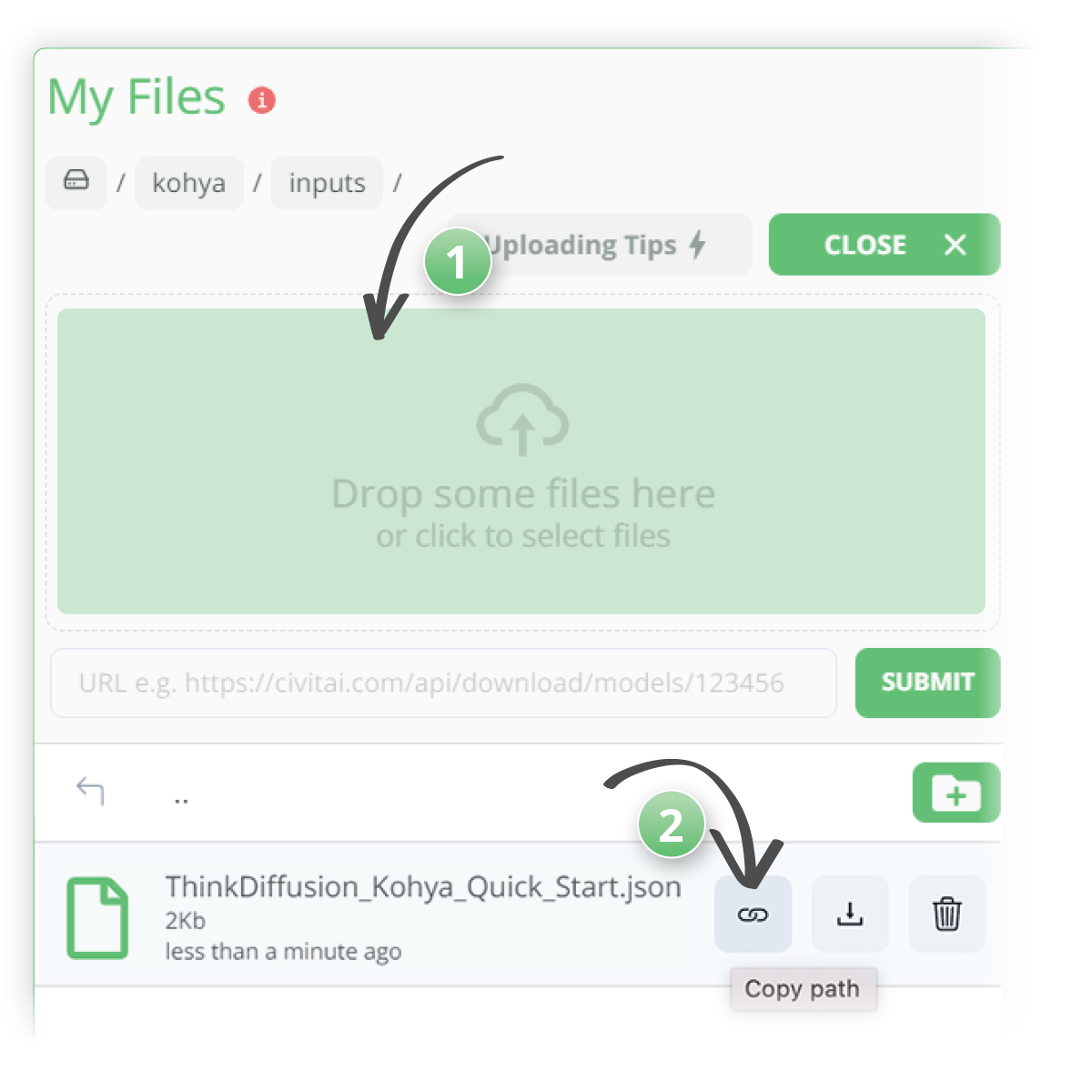 A super simple guide to LoRA training on Kohya with Stable Diffusion on Think Diffusion, showing the interface uploading the quick start .json file