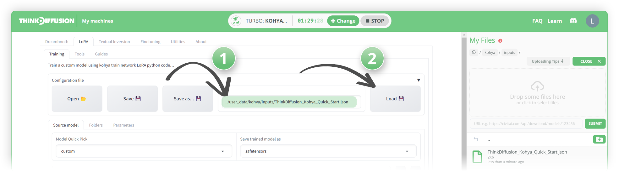 A super simple guide to LoRA training on Kohya with Stable Diffusion on Think Diffusion, showing the interface loading the quickstart .json file