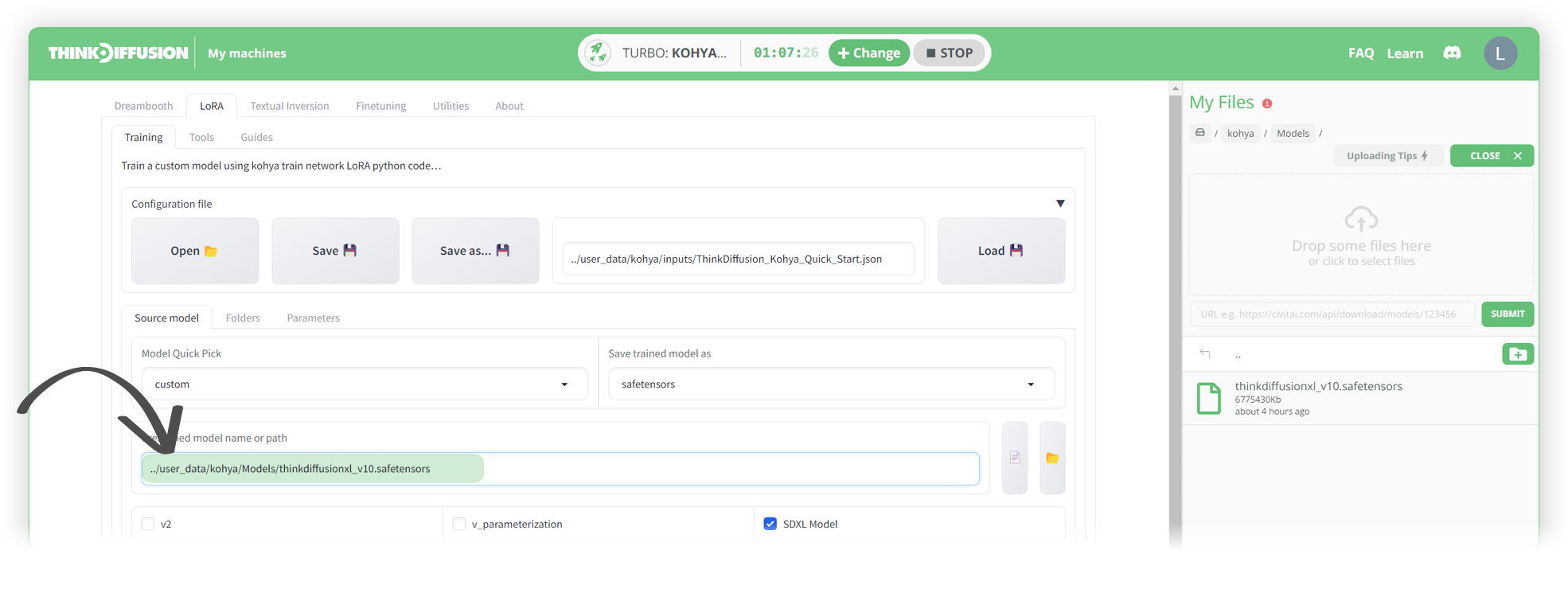 A super simple guide to LoRA training on Kohya with Stable Diffusion on Think Diffusion, showing the interface setting parameters and settings