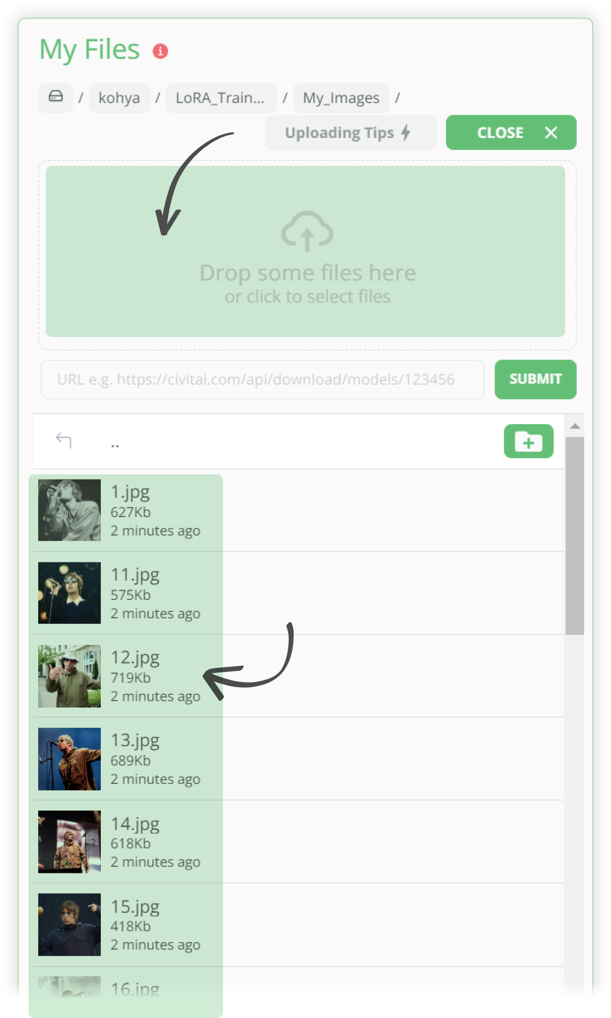 A super simple guide to LoRA training on Kohya with Stable Diffusion on Think Diffusion, showing the interface uploading photos into the file browser