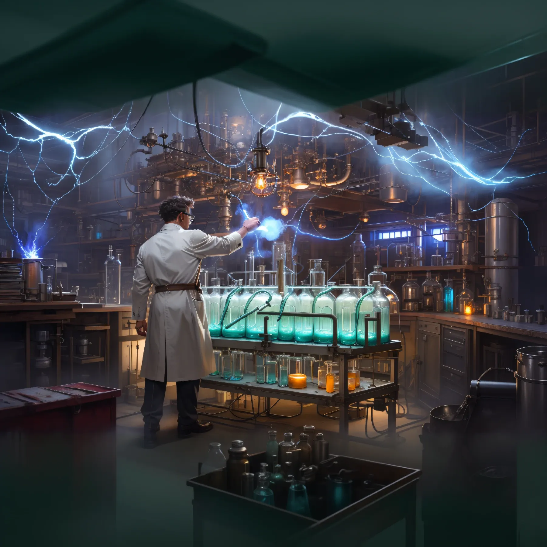 An image showing a mad scientist in his imaginative lab, using Kohya to make LoRA models on Think Diffusion