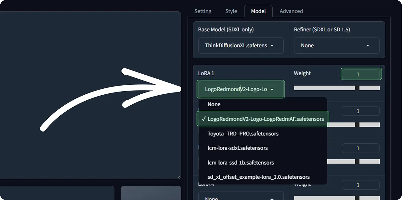 Stable Diffusion on ThinkDiffusion showing how to select a LoRa and use it to style your image