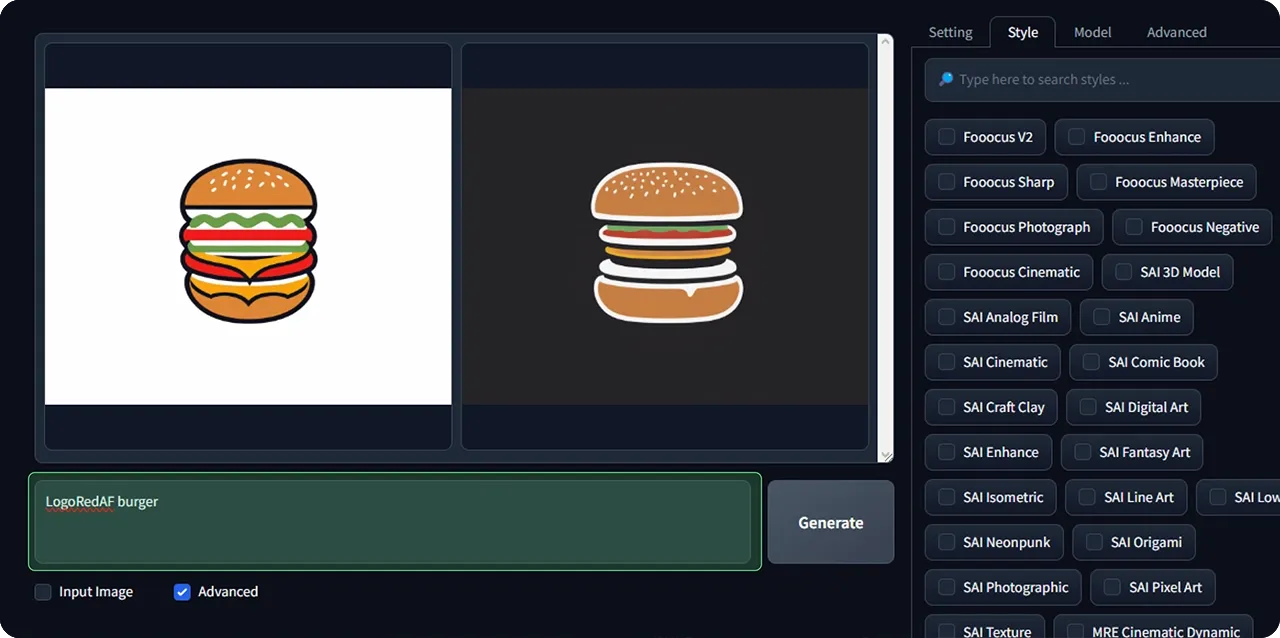 Stable Diffusion on ThinkDiffusion showing how to generate a modern logo with LoRa in Fooocus