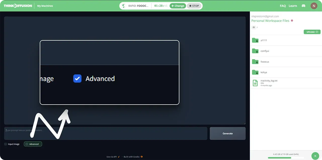 Stable Diffusion on ThinkDiffusion showing the Fooocus interface advanced checkbox