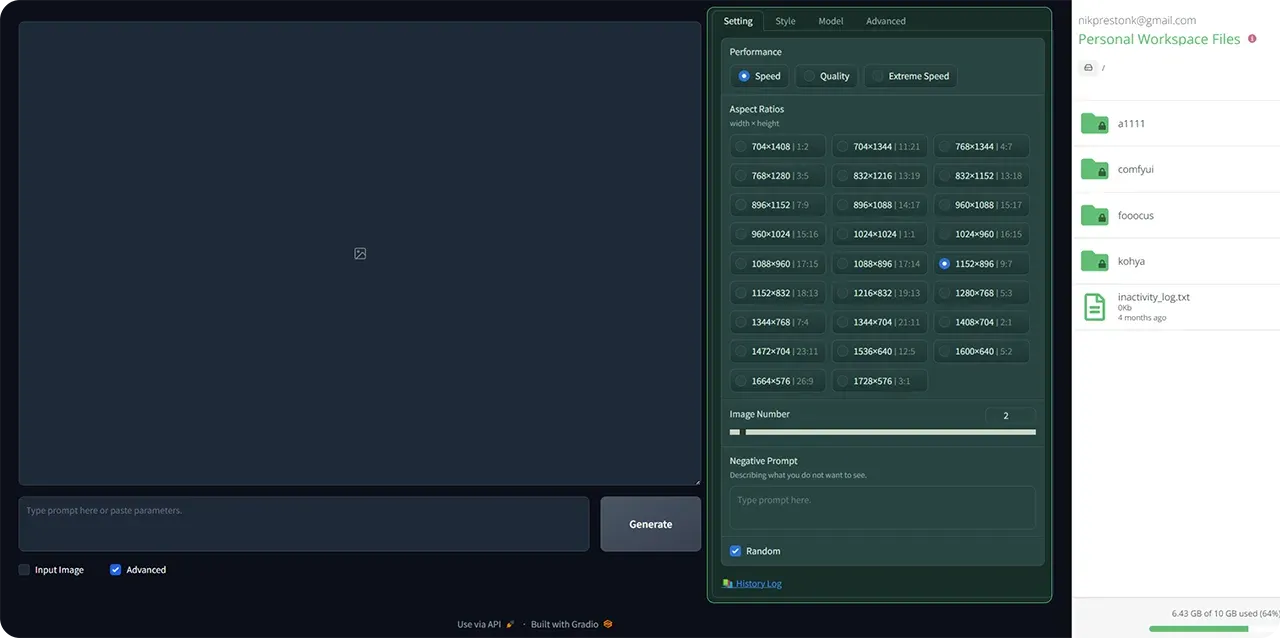 Stable Diffusion on ThinkDiffusion showing the Fooocus settings tab