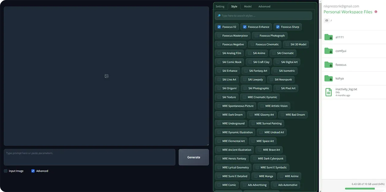 Stable Diffusion on ThinkDiffusion showing the Fooocus interface style tab