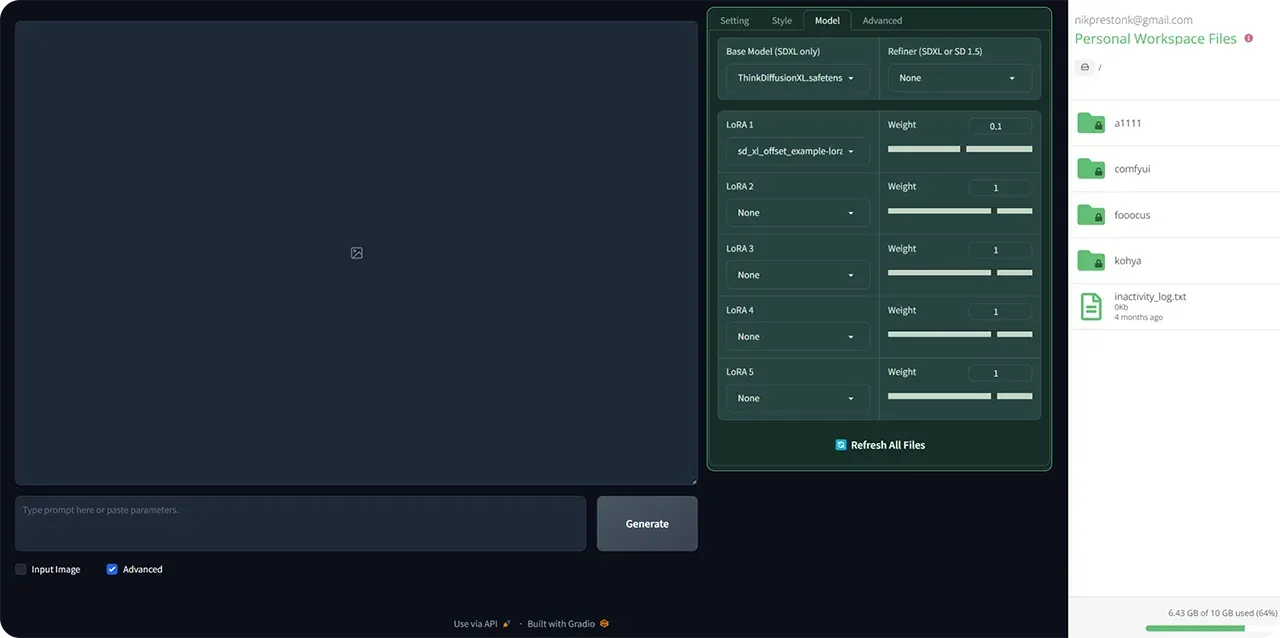 Stable Diffusion on ThinkDiffusion showing the Fooocus interface model tab