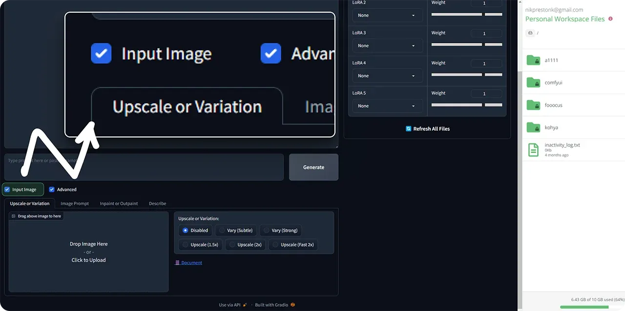 Stable Diffusion on ThinkDiffusion showing the Fooocus interface input image checkbox