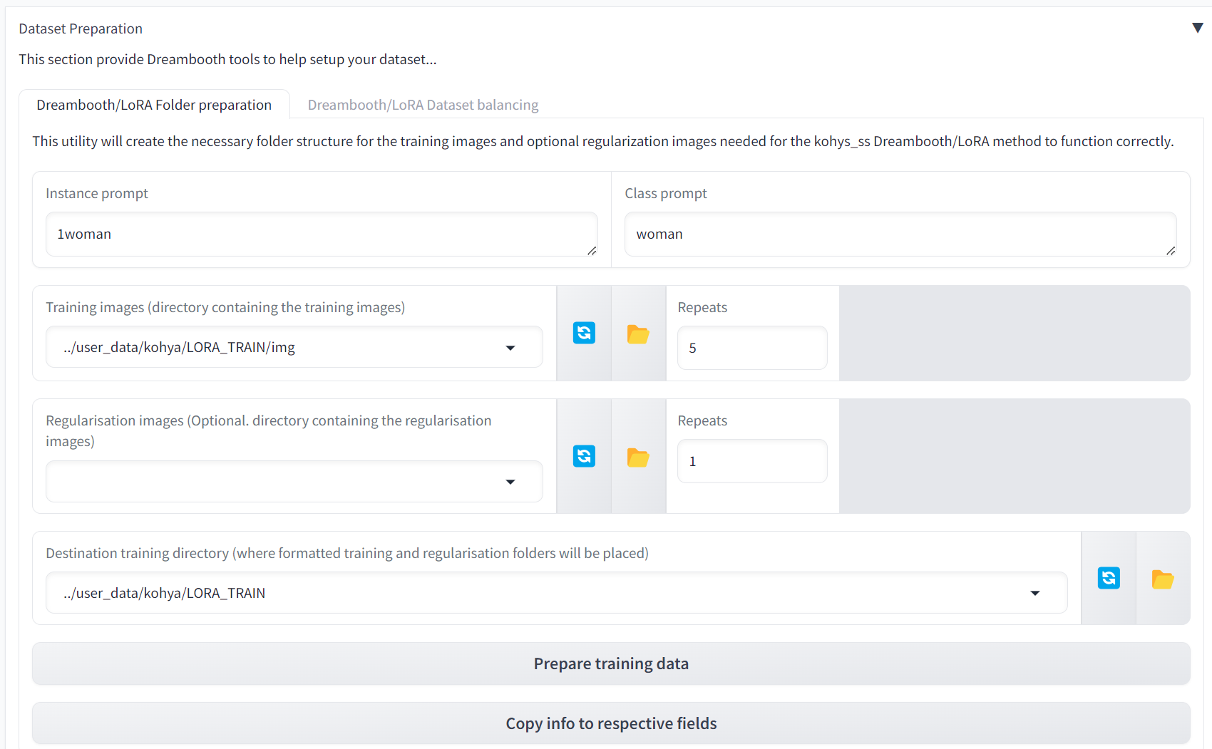 Setting up the required fields within the Dataset Preparation tab