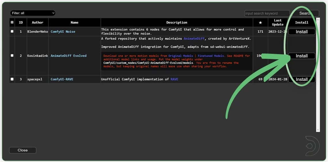 Install missing nodes for the ComfyUI RAVE workflow