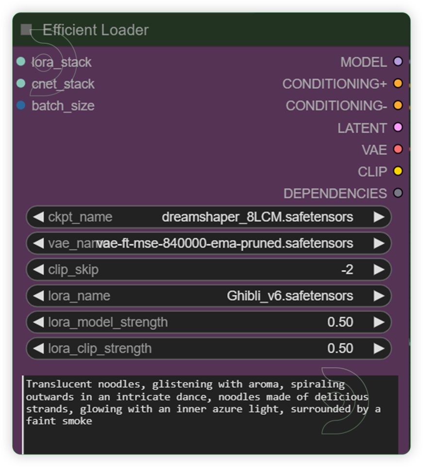 ThinkDiffusion StableDiffusion ComfyUI Transform Videos with AI shows the efficient loader which shows text prompt, checkpoint, lora and vae