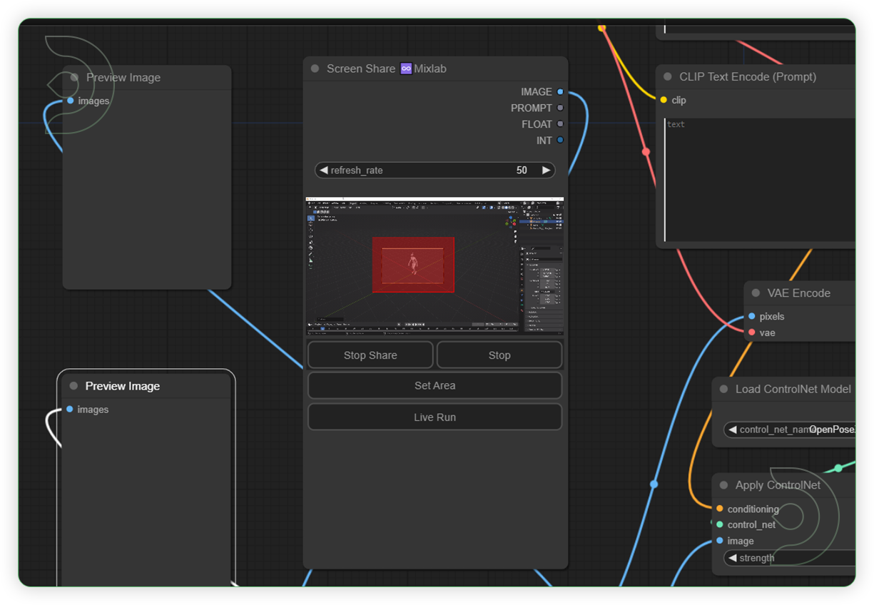 ThinkDiffusion StableDiffusion ComfyUI img2img hypersd blender comfyui shows the comfyui that uses a screenshare node which connects to the 3d software