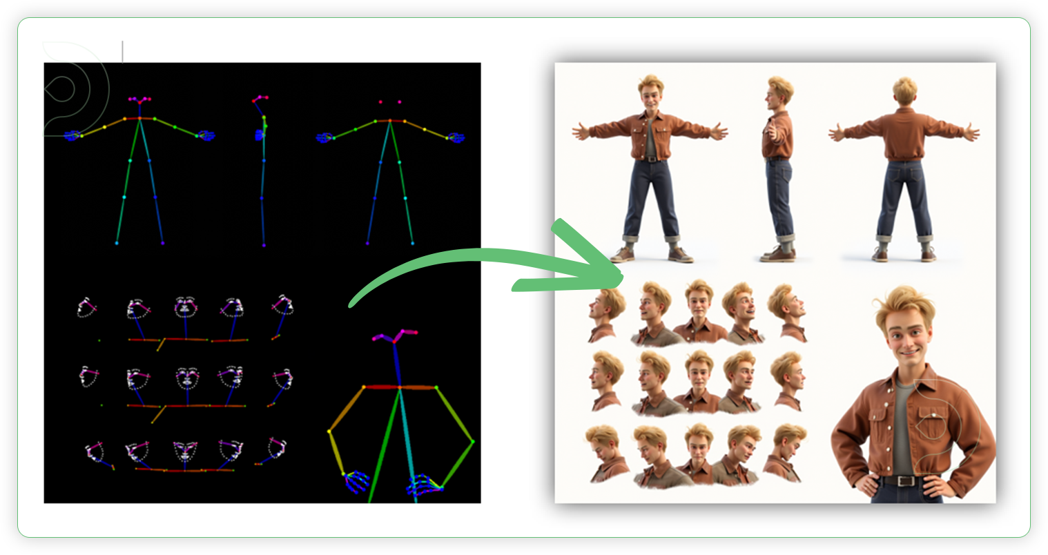 ThinkDiffusion StableDiffusion ComfyUI Character Consistency a character sheet of a man wearing a brown jacket