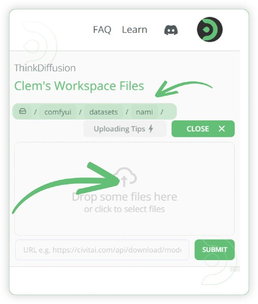 ThinkDiffusion StableDiffusion ComfyUI Flux training LoRA upload into the input dataset